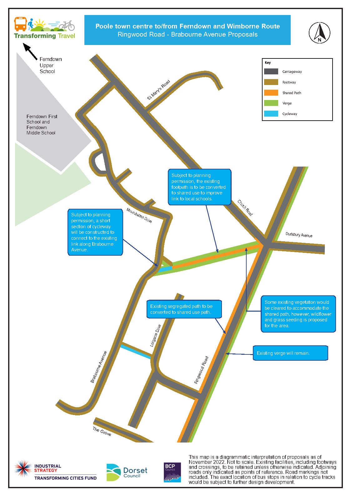 A map showing Poole town centre to and from Ferndown and Wimborne Route