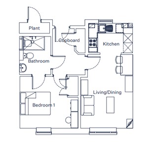 A floor plan example from st martins house showing a living/dining room, a kitchen, a cupboard, a bedroom and a bathroom