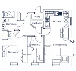 A floor plan example from st martins house showing a living/dining room, a kitchen, a cupboard, 2 bedrooms and a bathroom