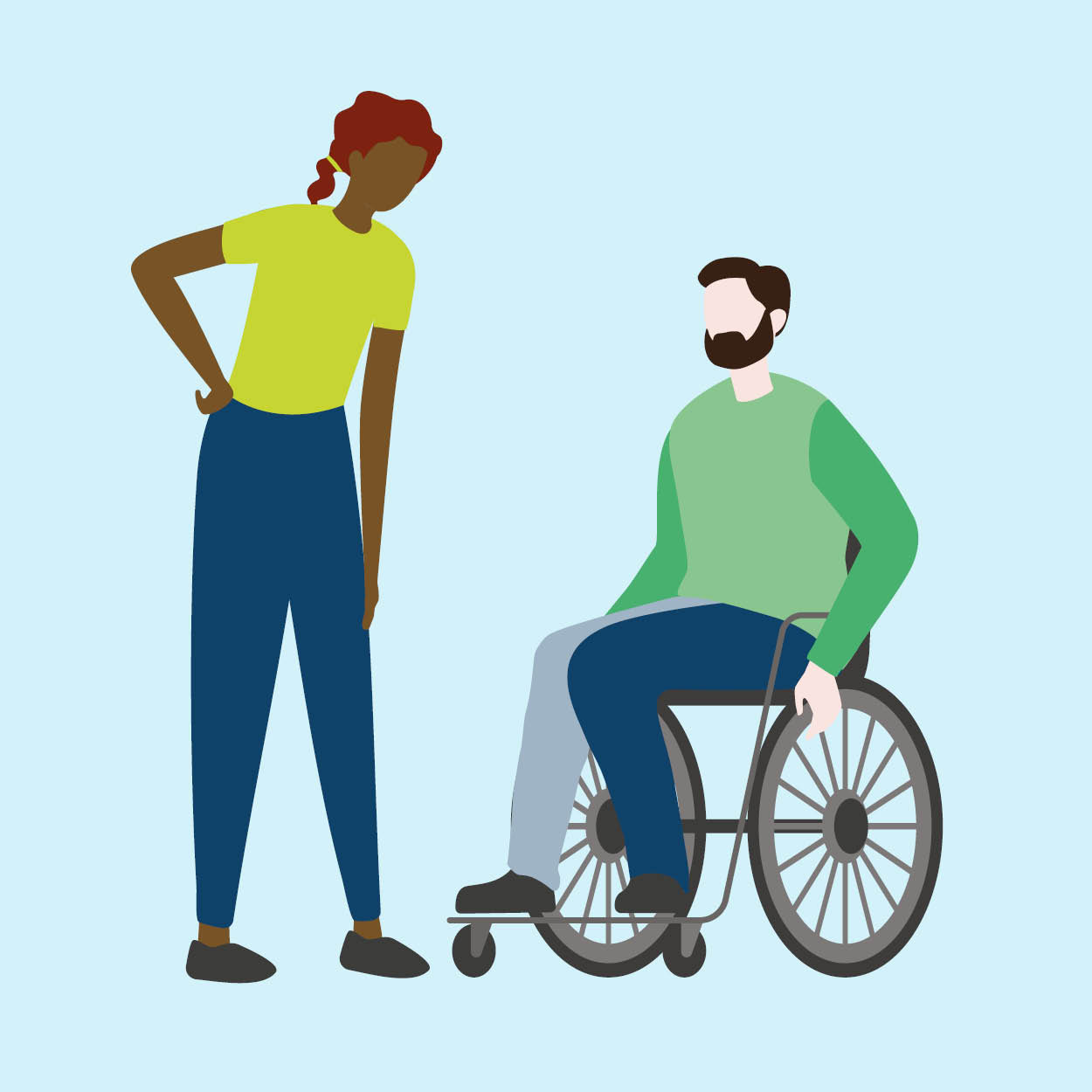 A lady speaking to a man in a wheelchair