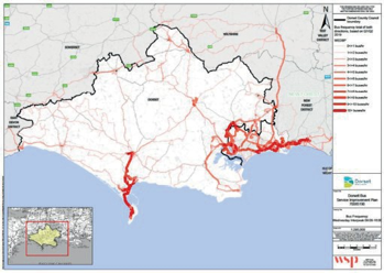 image of map of Dorset showing bus frequency during midweek hours, 09:00 to 16:00