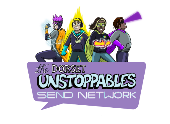 the image is an illustration of superheroes. The wording says, The Dorset Unstoppables SEND network.